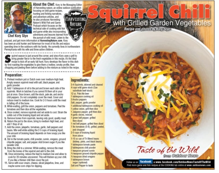 squirrel chili with grilled garden vegetables outdoor news taste of the wild