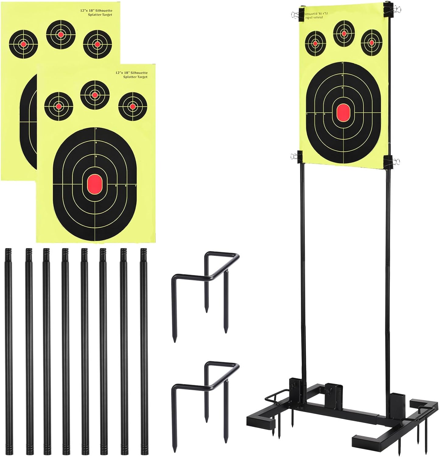 Shooting Target Stand Set, Adjustable Shooting Target Stand with 10pcs Paper Targets with Metal Poles and Ground Nails