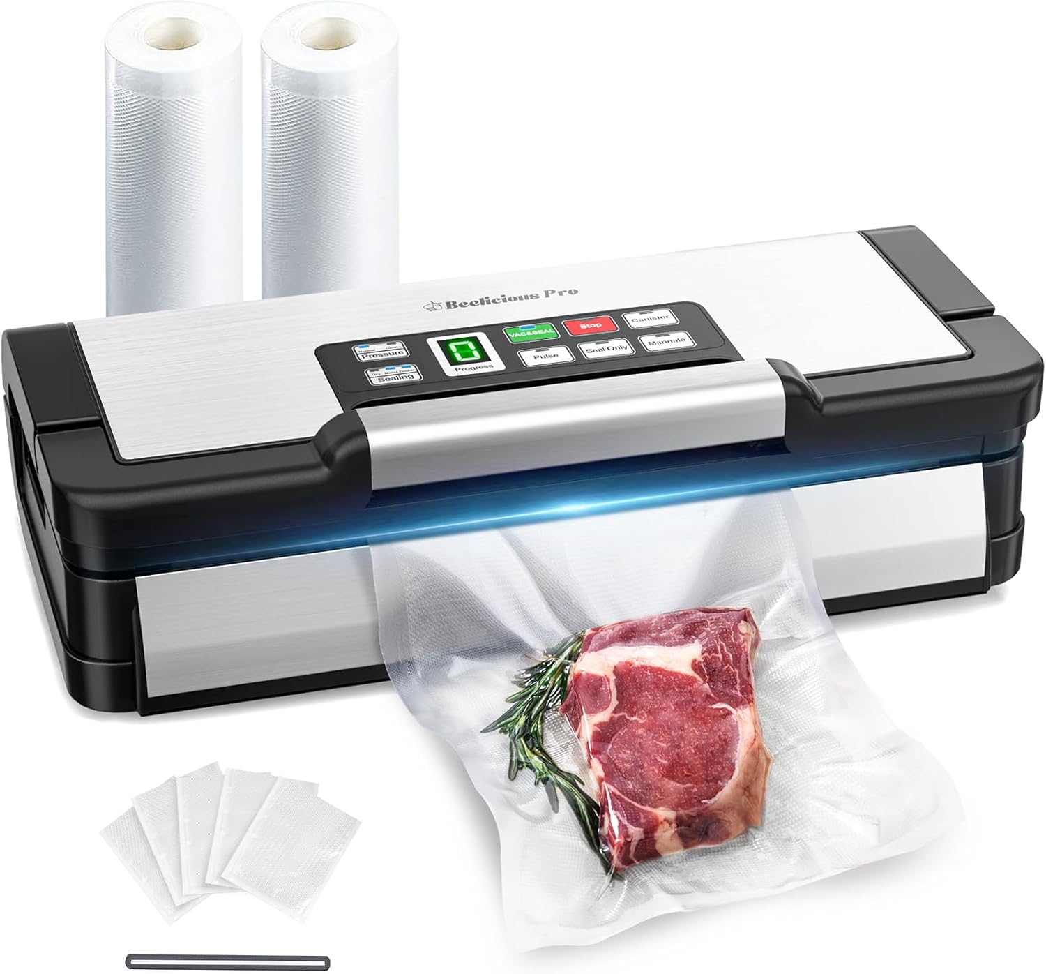 90Kpa Powerful Vacuum Sealer, with 10-in-1 Functions,Double Seal & Double Pump,Built-in Cutter&Hose,Handle-Ease Design, Vacuum Sealer Machine for Food with Bags Storage, Stainless Steel