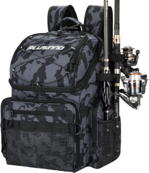PLUSINNO Fishing Backpack with Rod Holders & Cooler, 45L Large Water-resistant Fishing Tackle Bag,Fishing Tackle Backpack