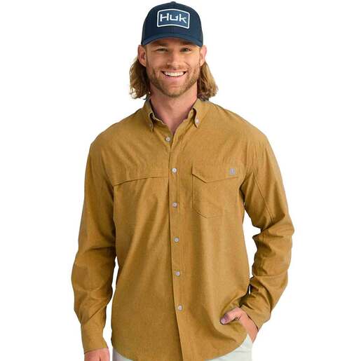 Huk Men's Tide Point Chambray Long Sleeve Fishing Shirt - Sand Piper M