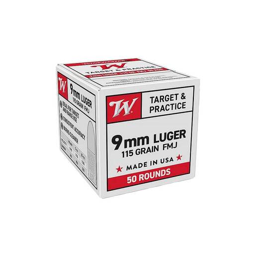 Winchester Target & Practice 9mm Luger 115gr FMJ Centerfire Handgun Ammo - 50 Rounds