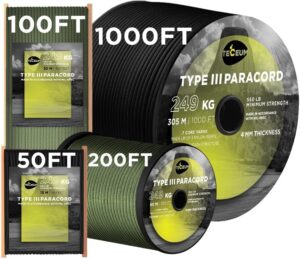 TECEUM 5/32" Paracord Rope 1000 – 1000ft / 200ft / 100ft / 50ft – Tactical Parachute Cord 4mm – 45+ Colors – Nylon String for Survival & Camping Gear – Stripe Cord for Survival – Utility Rope