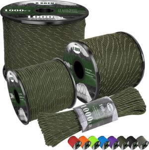X XBEN Paracord Reflective 1000lb, 50/100/200/500/1000ft 4mm, 13 Strand Paracord Rope, Tactical Parachute Cord for Camping, Fishing, Clothesline, Hammock, Tent & Survival Bracelet, Army Green