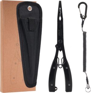 BiteX Long Nose Fishing Pliers, Saltwater Resistant Titanium Coated Stainless Steel with Braided Line Cutters, Deep Hook Remover, Coiled Lanyard & Sheath